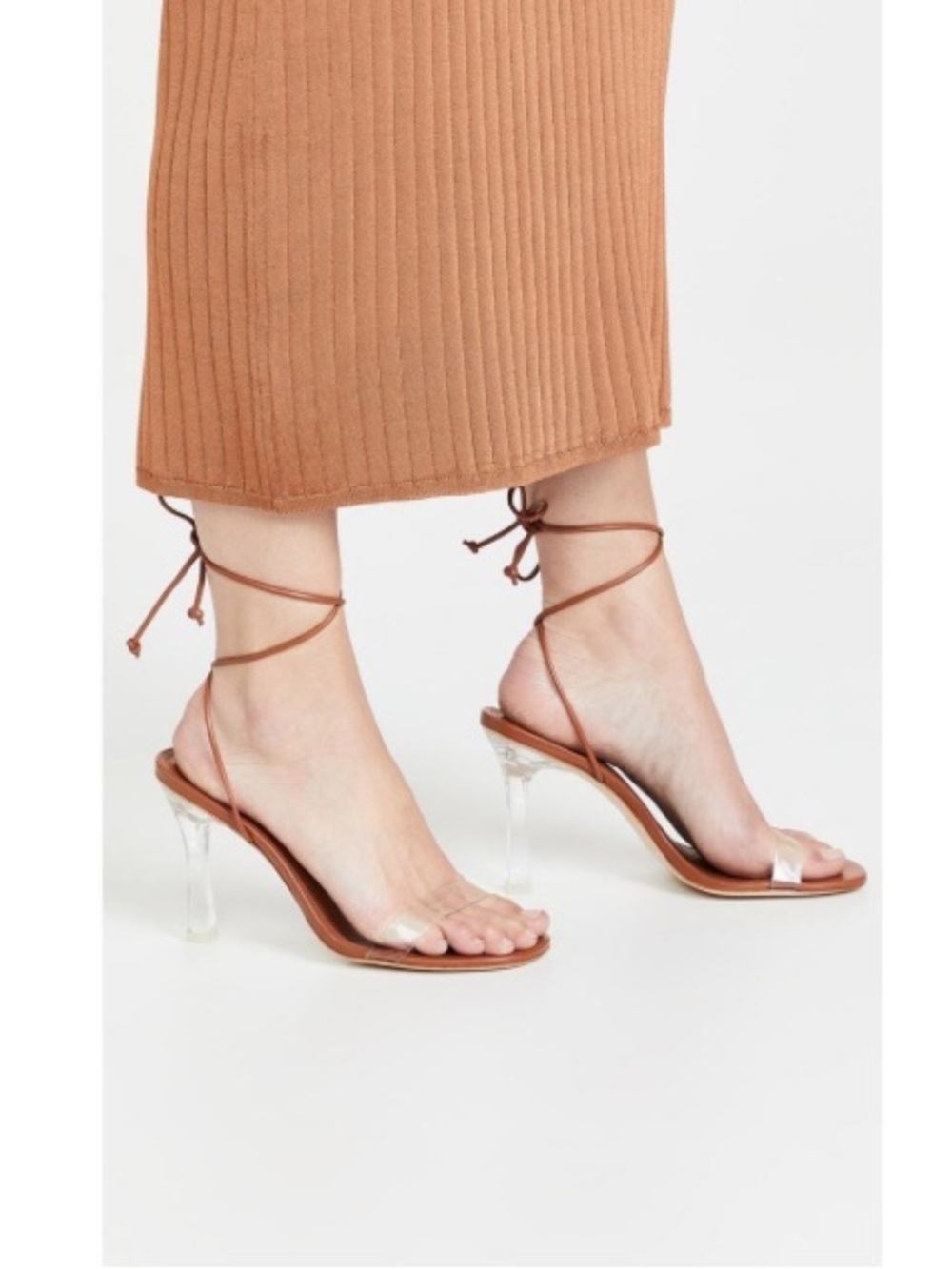 Larroude Gloria Clear Heel Sandals Brown Leather Vinyl Tie Ankle Straps - Picture 2 of 7